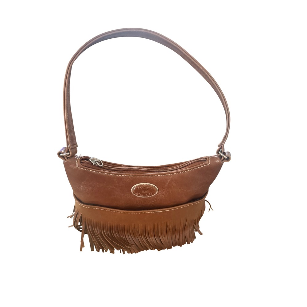 Tommy Hilfiger Brown Leather Fringe Purse  Boho Small Little 8x5x1.5" Vtg Y2K